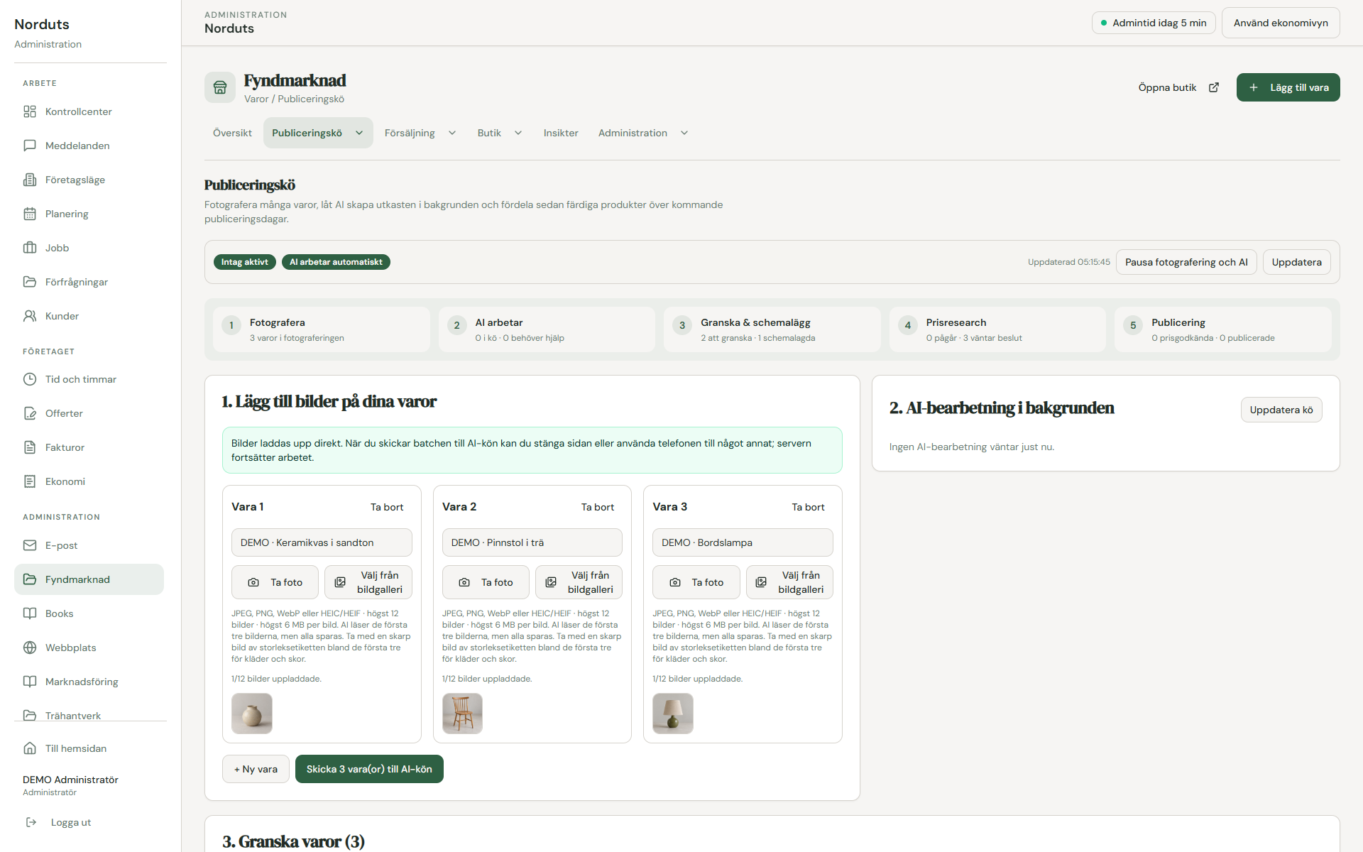 Fyndmarknadens publiceringskö med fiktiva AI-utkast