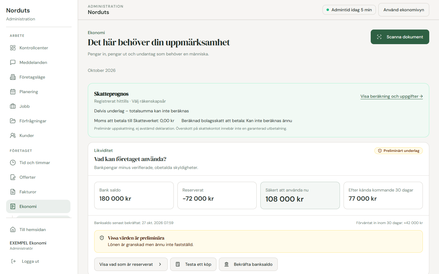 Nordupplands ekonomivy med fiktiva belopp och synlig märkning om preliminära underlag