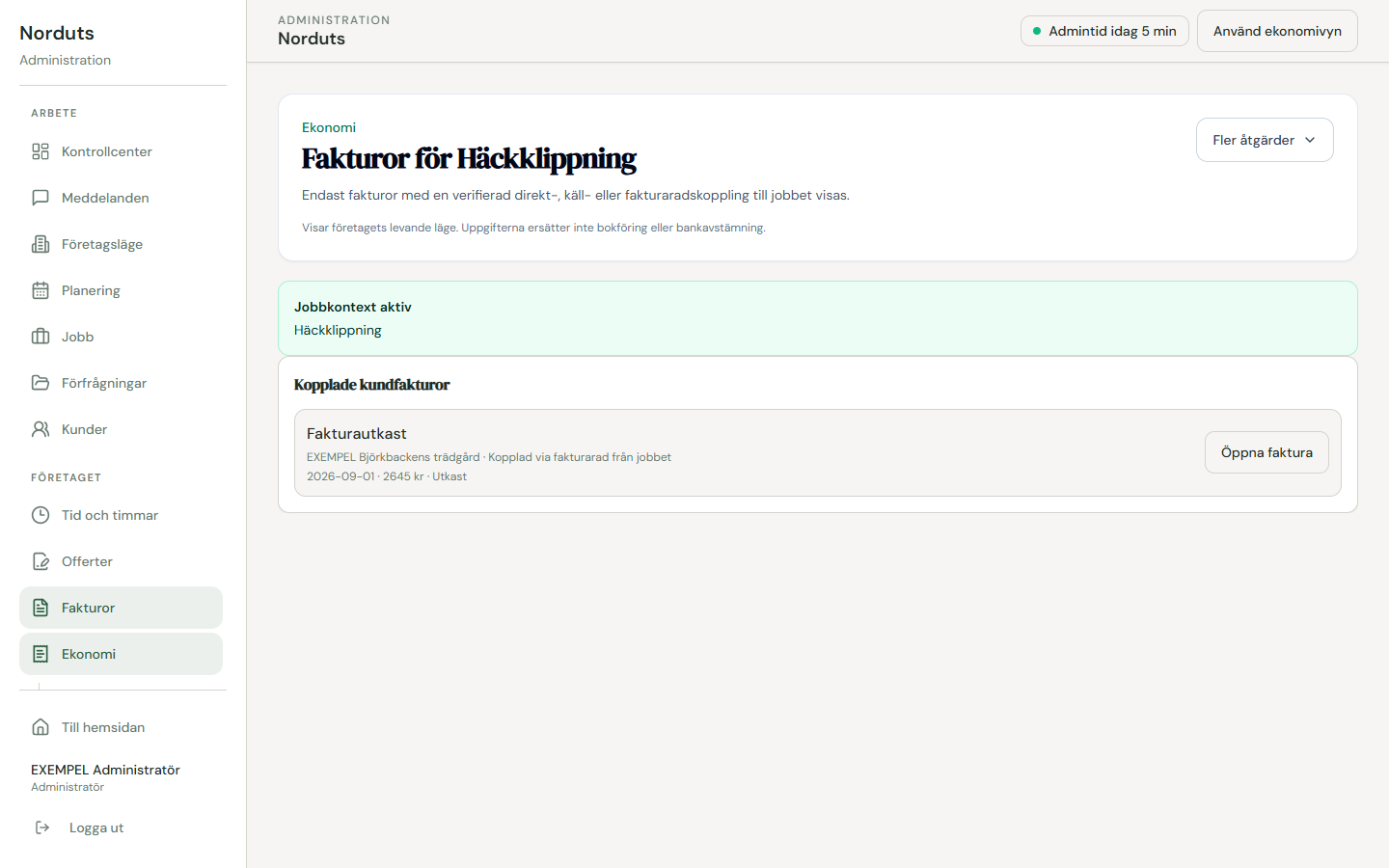 Nordupplands fakturavy med ett fiktivt utkast kopplat till ett trädgårdsjobb